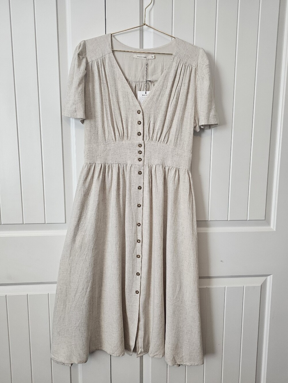 Ellison Neutral Beige Button-Front Midi Dress